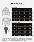 Men's size chart for sizes XS to 4XL in inches and centimeters, showing chest, waist, and sleeve body measurements.