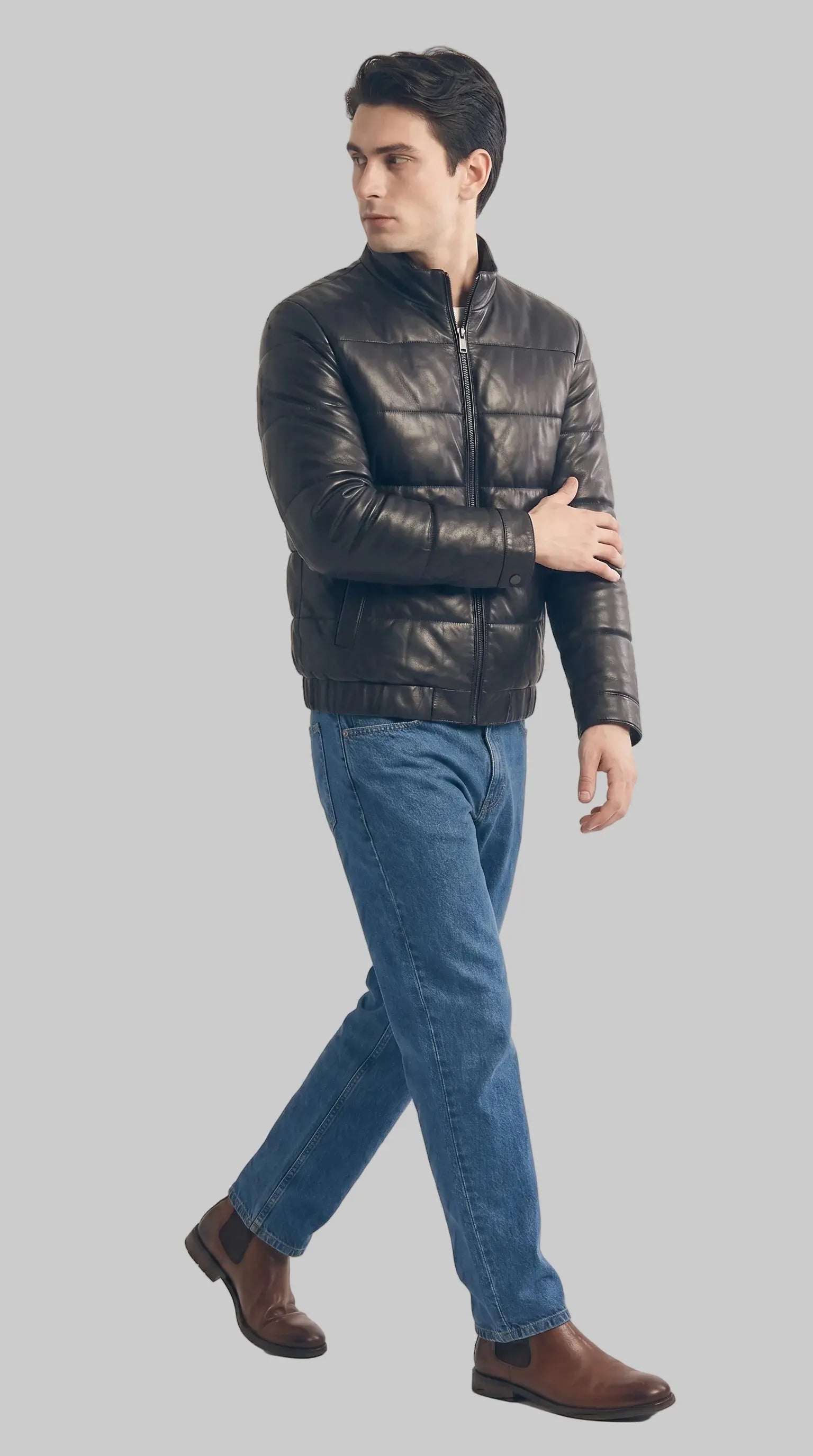 Leather Puffer Black Jacket leathertex