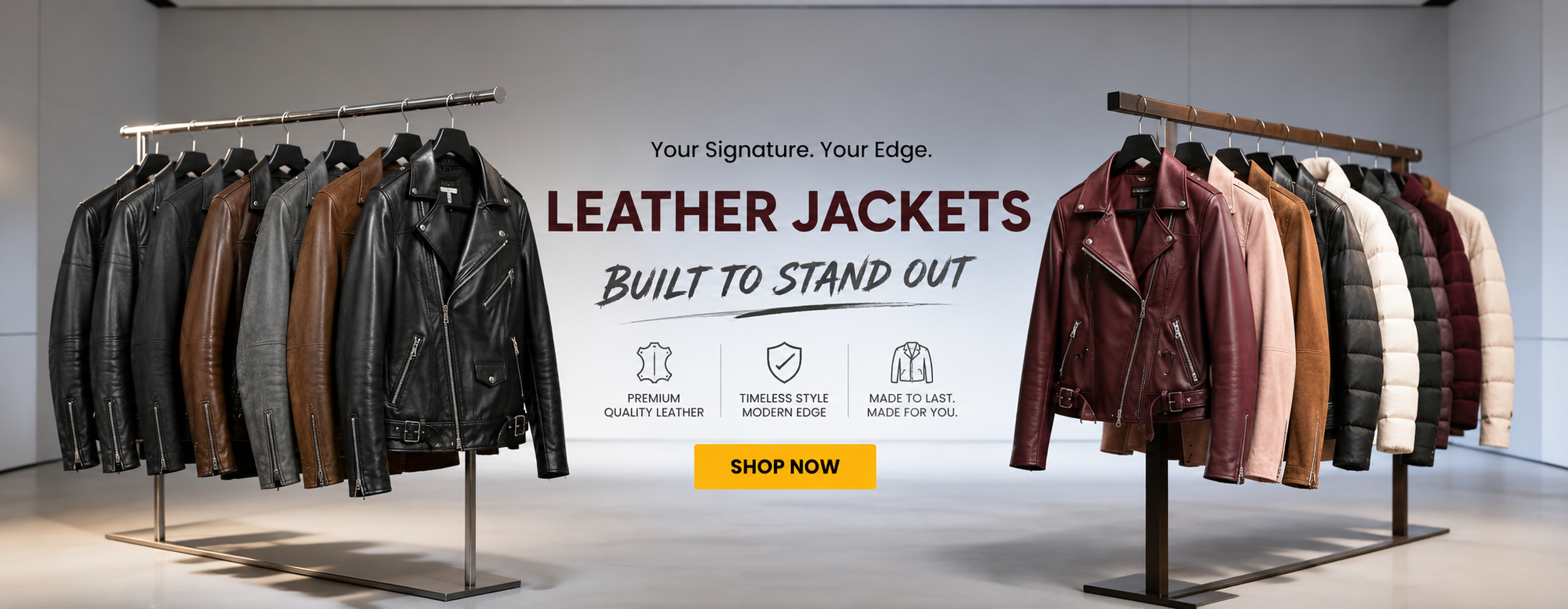 Collection of premium leather jackets in black, brown, and burgundy hanging on clothing racks with text reading Leather Jackets Built to Stand Out and a Shop Now button.