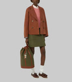 Women's Signature Suede Pea Coat in premium brown suede featuring a double-breasted design, wide lapels, relaxed fit, and elegant contemporary styling