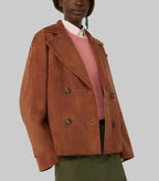 Women's Signature Suede Pea Coat in premium brown suede featuring a double-breasted design, wide lapels, relaxed fit, and elegant contemporary styling
