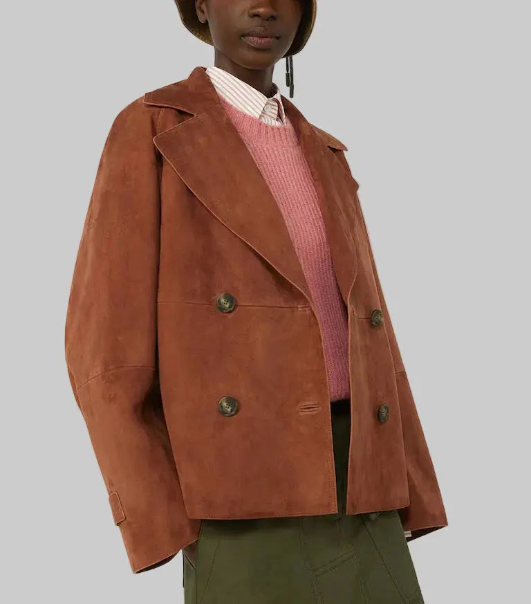 Women's Signature Suede Pea Coat in premium brown suede featuring a double-breasted design, wide lapels, relaxed fit, and elegant contemporary styling
