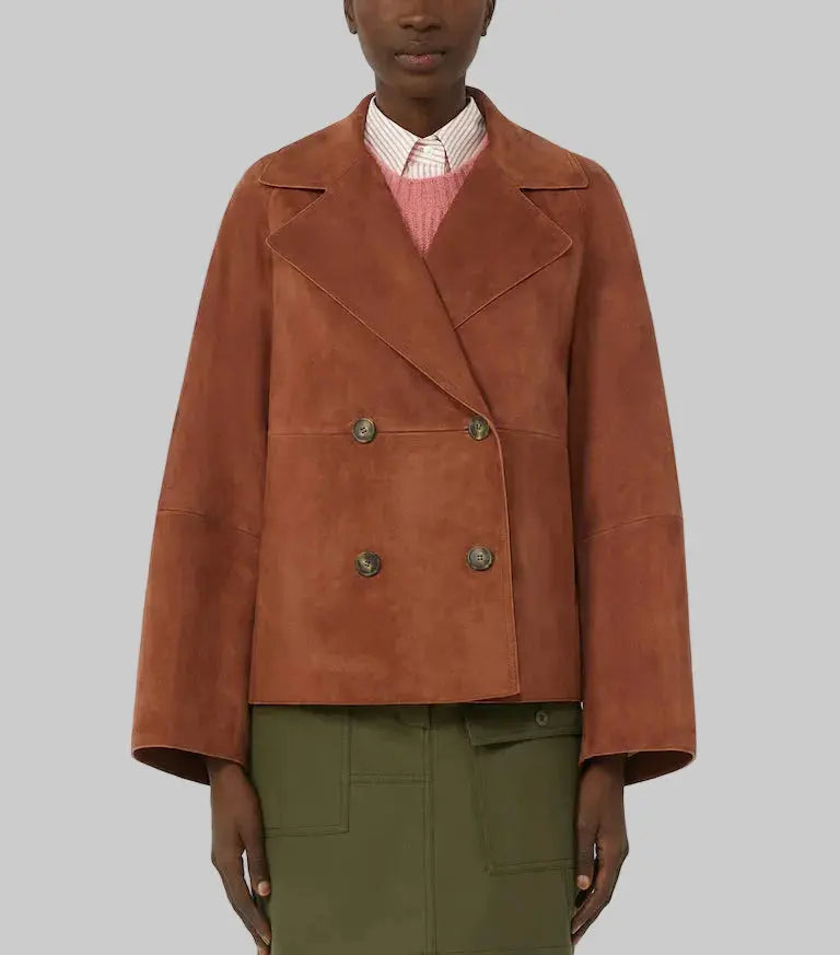Women's Signature Suede Pea Coat in premium brown suede featuring a double-breasted design, wide lapels, relaxed fit, and elegant contemporary styling
